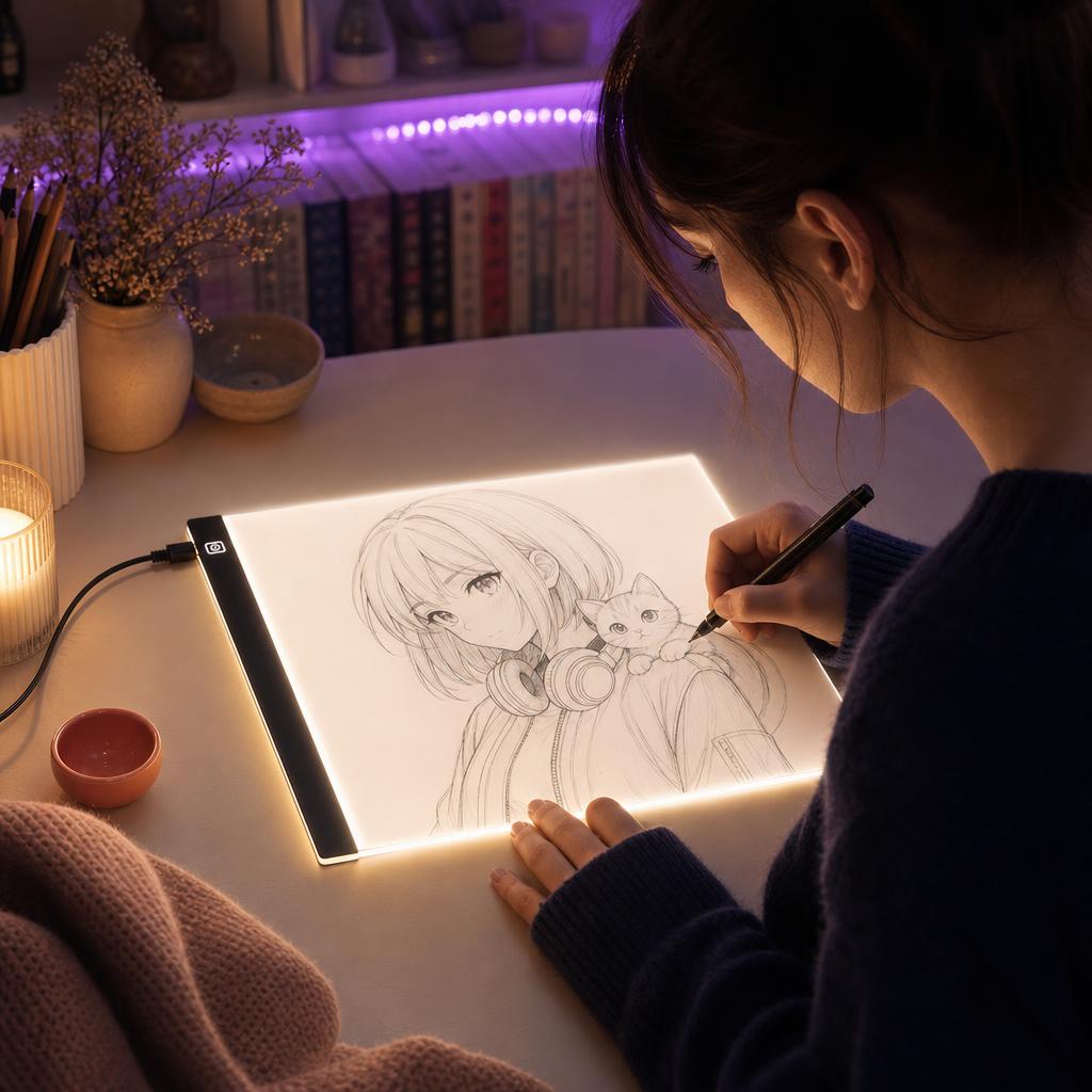 Fan del anime entintando un personaje sobre la mesa de luz