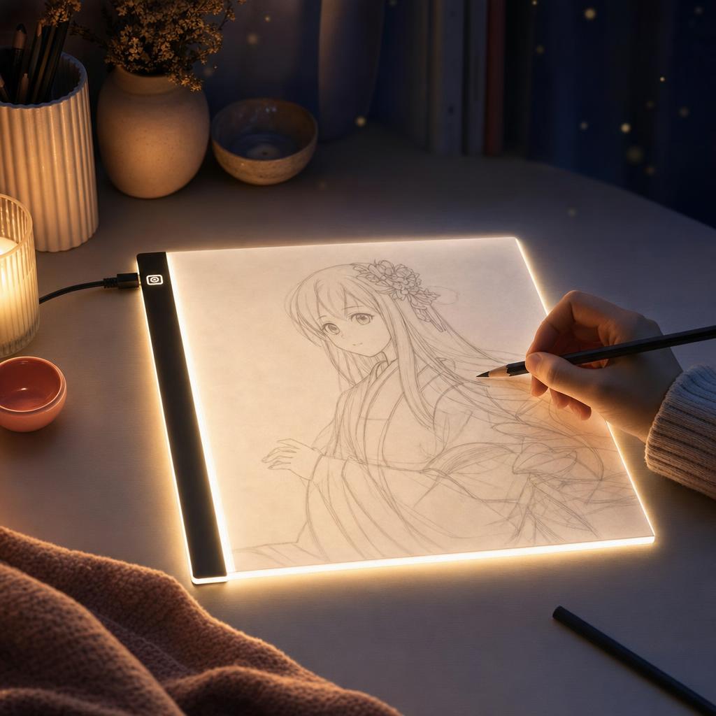 Mesa de luz LED encendida mientras alguien calca un dibujo estilo anime