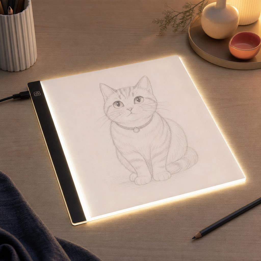 Mesa de luz LED encendida con un dibujo de gato sobre el escritorio