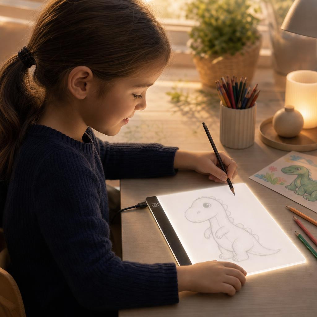 Niña calcando un dinosaurio en la mesa de luz