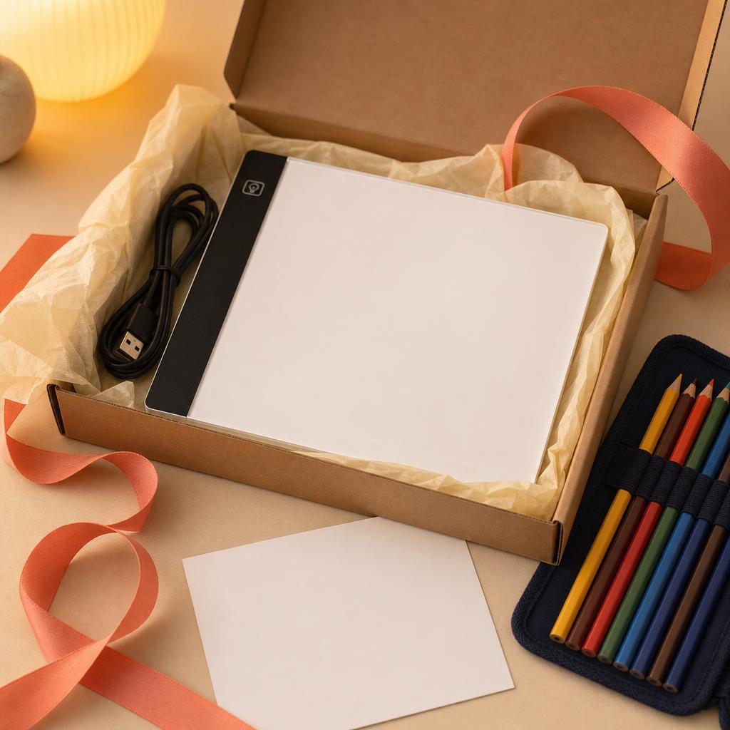 Mesa de luz en una caja de regalo con lazo y lápices de colores